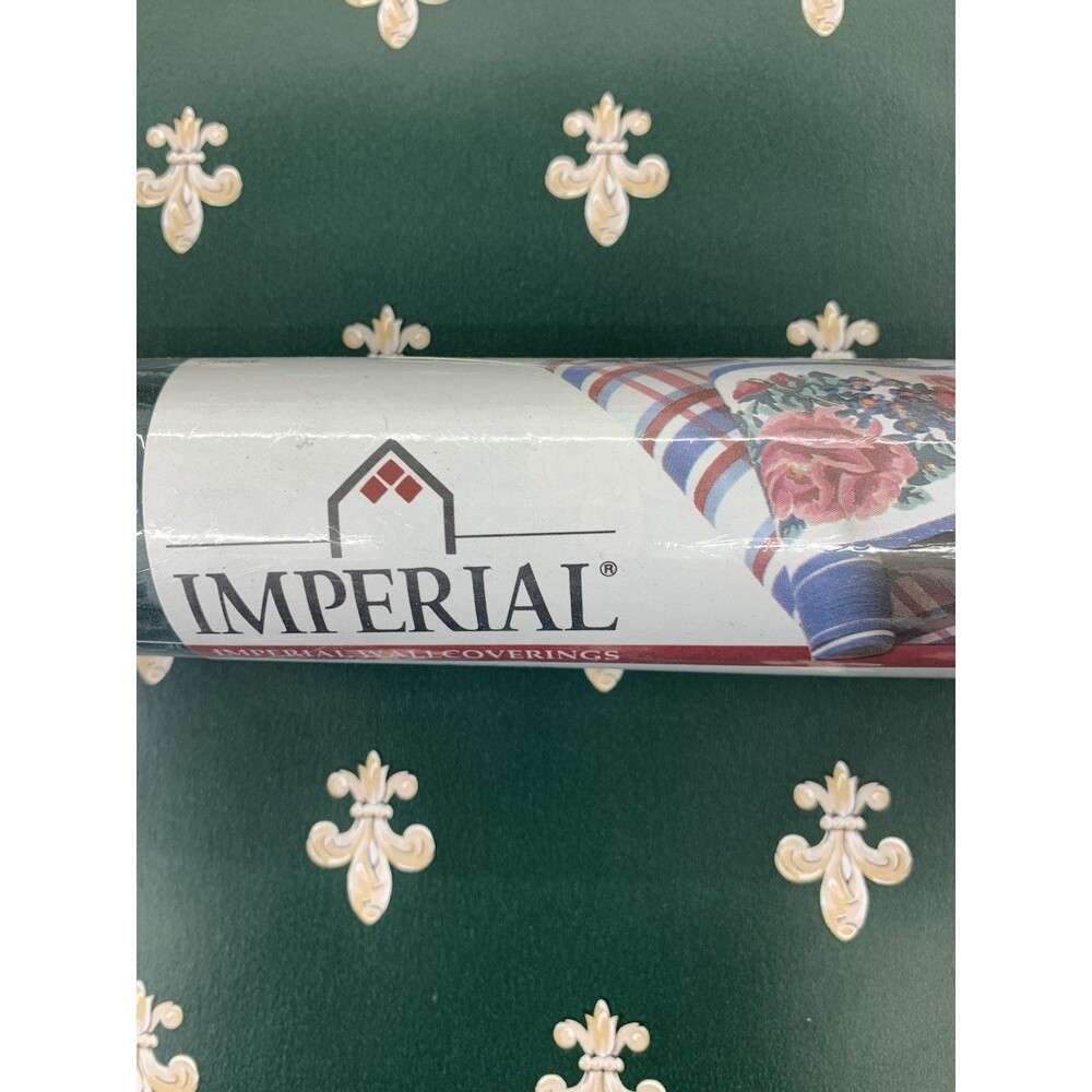 Imperial  Fleur-De-lis Wallpaper Gold On Dark Green Background 20.5 X 11yds